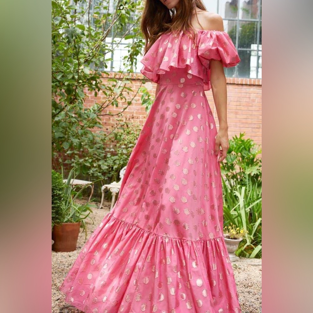 Monique Lhuillier Women's Pink Polka Dot Off-shoulder Maxi Dress